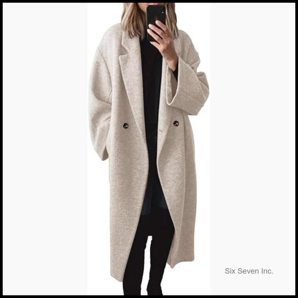 Winter Pea Coat Notch Lapel Double Breasted Wool Blend Oversized Overcoat